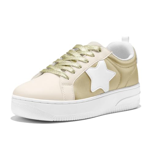 HEEZ Womens Platform Sneakers Fashion Star Tennis Shoes Lace Up Glitter Comfortable Walking Shoes