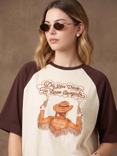 Image of JUNEBERRY 100% Pure Cotton Oversized Baggy Fit Drop Shoulder Round Neck Graphic Printed Raglan Sleeve T-Shirt for Women (Sizes: S to 2XL)