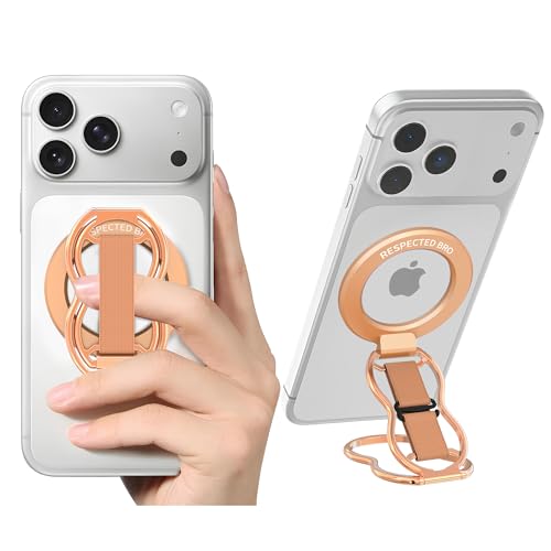 RESPECTED-BRO-Magnetic-Phone-Grip-Stand-with-Finger-Strap, 4-in-1 Magnetic Ring Holder, Kickstand and Elastic Strap for Phones, Universal Fit for iPhone 17/16/15/14/13/12, Android and Cases(Rose Gold)