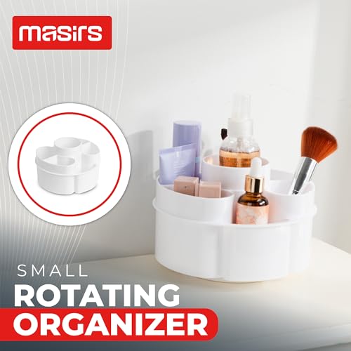Image of Masirs Small 360 Rotating Makeup Organizer - Mini Yet Spacious Cosmetic Storage Solution with Multiple Compartments - The Perfect Spinning Make-Up Caddy for Vanity or Bathroom Counter (Round - White)