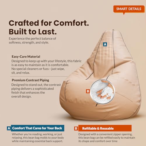 Image of Sattva Classic 4XL Bean Bag Chair with Beans Filled | Sofa Style Faux Leather Beanbags for Living Room | Pre-Filled Bin Bags Sofa & Beam Bag for Adults | Home & Office, Beige with Brown Piping