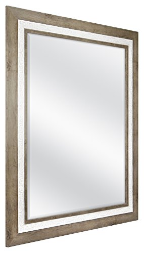Image of MCS 18x24 inch Beveled Wall Mirror, 24.5x30.5 Inch Overall Size, Rustic Wood and Embossed Whitewash Finish