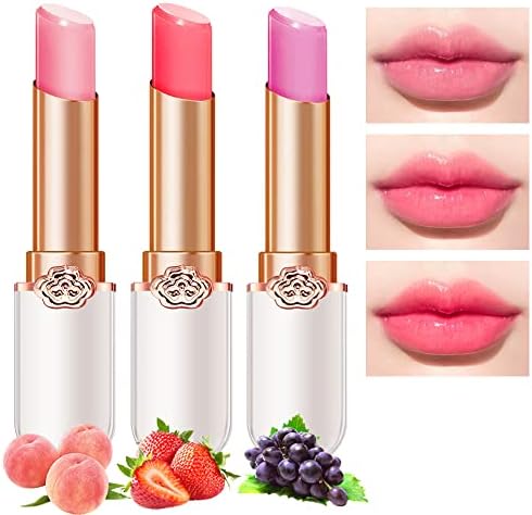 evpct 3Pcs Magic Color Changing Lipstick Long Lasting Waterproof 24 Hours Original for Women, Peach Strawberry Grape Pink PH Mood Permanent Color Changing Lipstick Lip Balm Gloss, labial magico