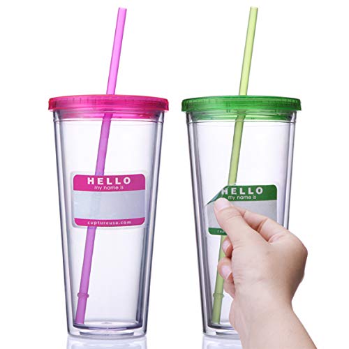 cool gear insulated mug - Cupture Classic Insulated Double Wall Tumbler Cup with Lid, Reusable Straw & Hello Name Tags - 24 oz, 2 Pack (green/pink)