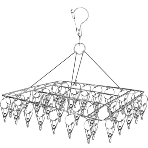 Sock Hanger for Washing Line, Sock Dryer with 40 Pegs and Swivel Hook Stainless Steel Sock Drying Rack Windproof Laundry Metal Square Hanger for Socks, Underwear, Baby Clothes, Gloves and Small Items