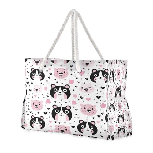 Pink Panda Bears Beach Bag & Travel Tote Bag Large Sandproof with Zipper Closure, Wet Pouch for Swim Gym Travel, Lightweight Foldable Outdoor Bag