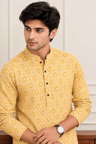 Image of FOXDX Men's Cotton Kurta, Ethnic Printed Kurta for Perfect Ethnic Look, Stand Collar Long Sleeve Casual Printed Regular Long Kurta