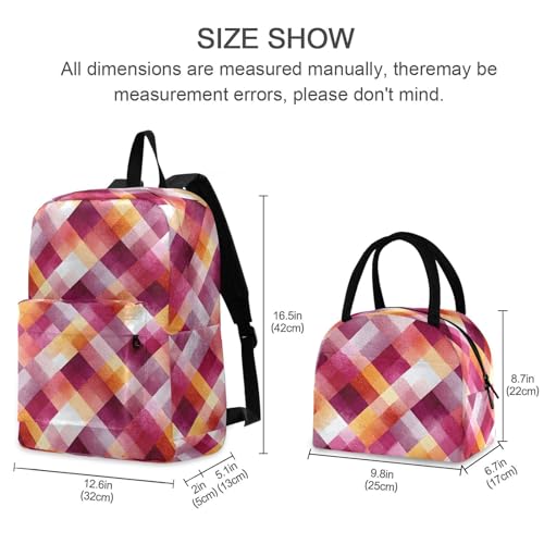 Red Plaid Print Backpack Set with Lunch Bag, Large Capacity Travel Backpacks and Lunch Box Insulated for Commute Hiking Picnic2