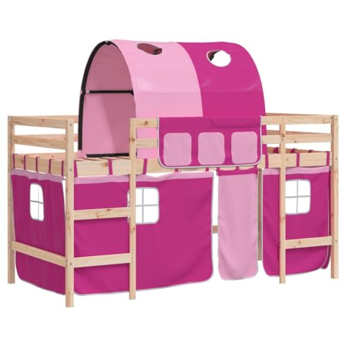 HFXHIJXQ Lit mezzanine rose 80 x 200 cm en pin massif avec tunnel et rideau pour jouer et rêver pour les enfants à partir de 6 ans dans la chambre à coucher