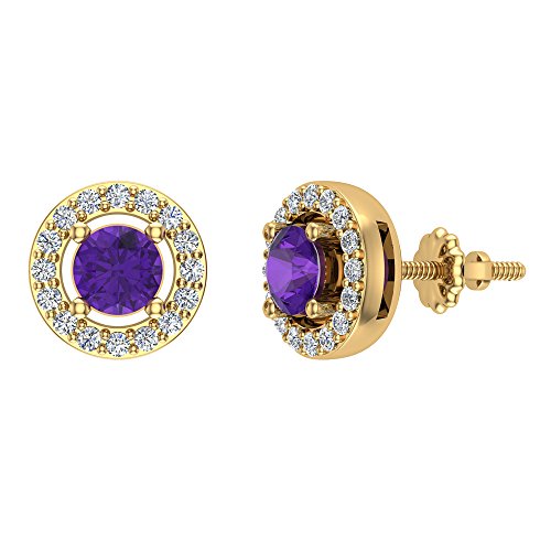 14K Yellow Gold Amethyst Diamond Earrings February Birthstone Halo Style 0.70 Carat Total Weight Screw Back Posts Certified #TOP10