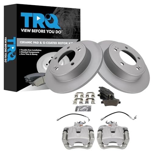 Image of TRQ Rear Brake Pad and Rotor Set Ceramic G Coated Rotors Calipers Hoses Compatible with 2017-2018 Kia Soul