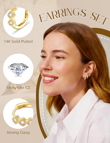 Kenivira 14K Gold Plated Hoop Earrings Set for Women Trendy,Small Huggies Hoop Earrings Stack Dainty,3 Pairs Lightweight Cubic Zirconia Earrings Jewelry Non Tarnish Hypoallergenic - image 4