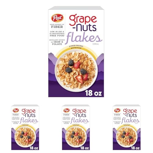 Post Grape Nuts Flakes Breakfast Cereal, Crispy Whole Wheat and Barley Cereal, Great for Yogurts, Parfaits, and Homemade Snacks, 18 OZ Box (Pack of 4)