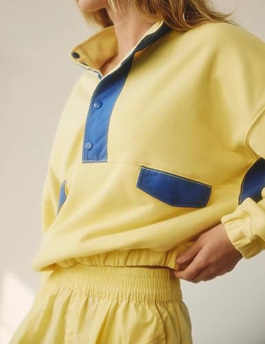 Womens 2 Piece Short Sets Loose Color Block Sweatshirts Short Set and Summer Long Sleeve Pullover Tracksuit with Pocket,Yellow, Medium3