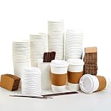 [100 Pack] 16 oz Paper Coffee Cups, Disposable Paper Coffee Cup with Lids, Sleeves, and Stirrers, Ho