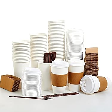 AMAZON - [100 Pack] 16 oz Paper Coffee Cups, Disposable Paper Coffee Cup with Lids, Sleeves, and Stirrers, Hot/Cold Beverage Drinking Cup for Water, Juice, Coffee or Tea, Suitable for Home,Shops and Cafes