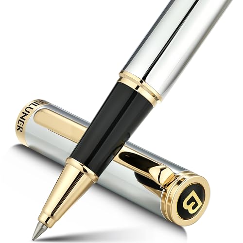 BEILUNER Luxury Rollerball Pen, Stunning Silver Chrome with 24K Gold Finish,Noble and Elegant Designs,Schneider Ink Refill, Best Gift Pen for Men & Women, Professional, Executive Office, Fan