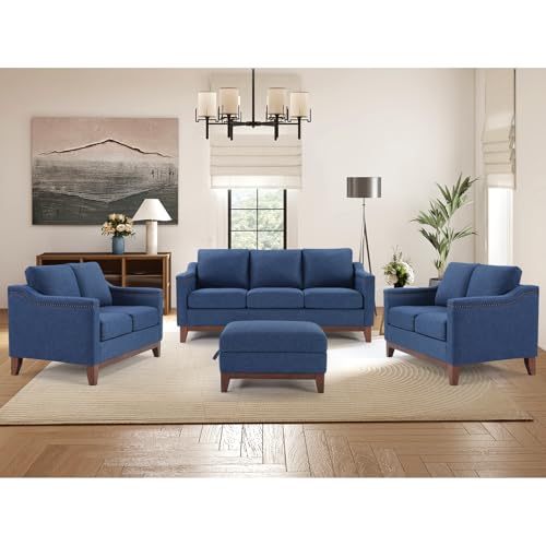 Image of 4 Piece Chenille Sofa Set with Nailhead Trim, Included Upholstered Loveseat 2-Seater Sofa Set of 2, 3 Seater Couch and Storage Ottoman with Flip-Top Table, Living Room Furniture Set, Blue