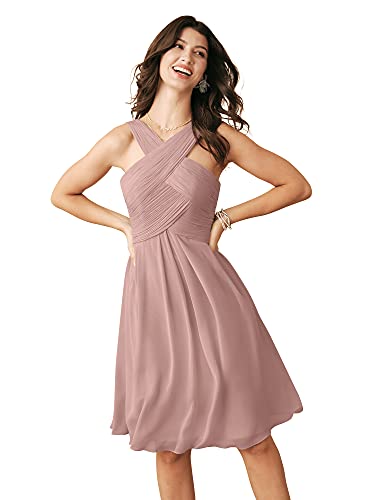 ALICEPUB Crisscross Neck Dusty Rose Bridesmaid Dresses Short for Women Chiffon Formal Dress Cocktail Party Evening, US16