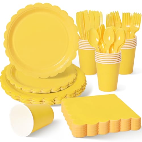 Vyntra 350 Pcs Yellow Disposable Paper Plates and Napkins Set for 50 9 Dinner Plates & 7 Dessert Plates Tableware for Birthday Baby Shower Picnic Party