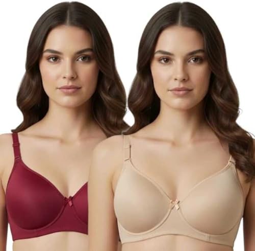 Image of Imsa Moda Women's Nylon Lycra Padded Non-Wired Full Coverage Everyday Bra | Soft, Comfortable & Supportive | Seamless Regular Wear Bra (Pack of 2)