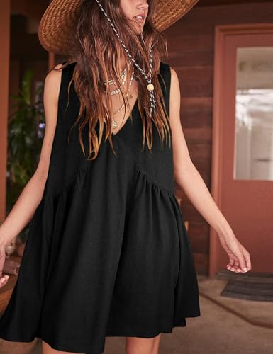 Sleeveless Mini Dress for Women 2025 Summer Casual V Neck Sundress Loose Babydoll Dress with Pockets3