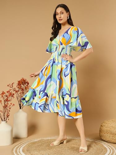 Kzully Women's Rayon Smocked Midi Casual Dress (6001_Rangili_Pista_Blue_Large