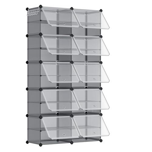 SONGMICS Étagère à Chaussures 10 Compartiments, Étagère de Rangement Modulable, Compartiment de 30 x 40 x 30 cm, Porte, Cadre en Acier, Plastique, pour...