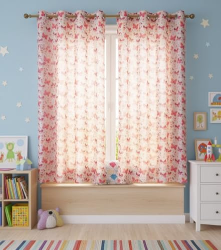 Image of Light Filtering Pink Butterfly PrintCurtain for Kids Room Girls Room Curtains 5 Feet Set of 1 pcs Door Panels 5 ft Curtain for Teens, Pink Color Curtains