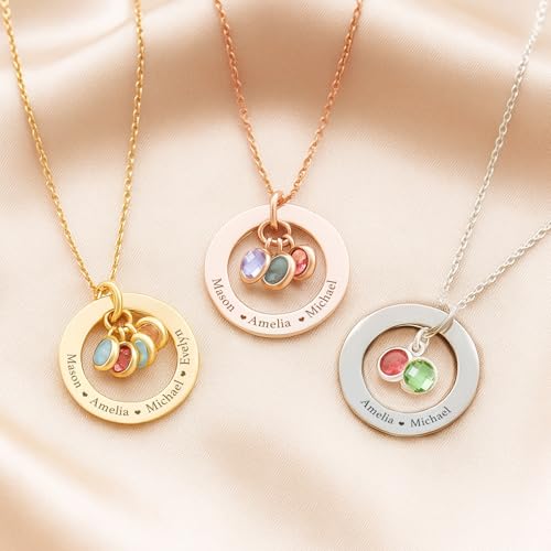 Custom Birthstone Necklace Personalized Necklaces with 1-6 Engraved Names & Birthstones for Mom Grandma Women Custom Family Jewelry Gifts for Christmas Birthday Mother's Day