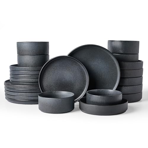 Image of Famiware Star Dinnerware Set with Pasta Bowls, Service for 6 (24 Pieces), Ribbed Stoneware Plates and Double Bowls Sets - Chip & Scratch Resistant, Microwave & Dishwasher Safe, Matte Dark Charcoal