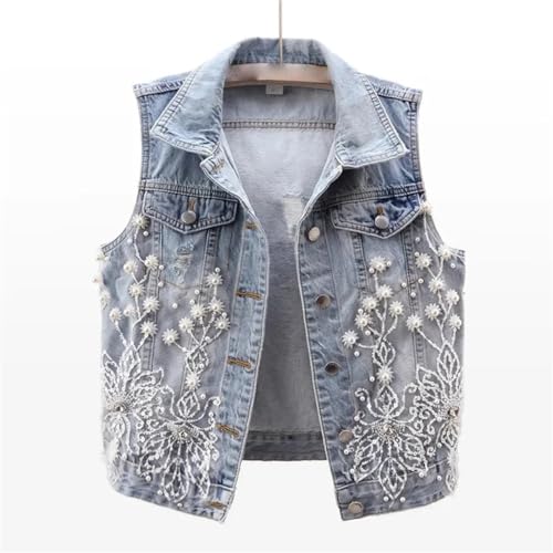 Generic Women Denim Vest Pearls Ripped Autumn Jeans Jacket Sleeveless Loose Short Coat Waistcoats Outwear Tops2