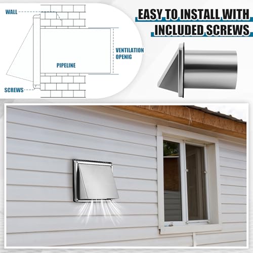 Image of Gisafai 6 inch Dryer Vent Cover Outside with Stainless Steel Guard Wall Dryer Exhaust Cap and Removable Extended Pipe Vent Shroud Hood Cushioned Non Return Flap with Sealing Gasket Grille(Silver)