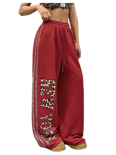WDIRARA Women's Leopard Letter Graphic Wide Leg Sweatpants Drawstring Waist Workout Baggy Pants