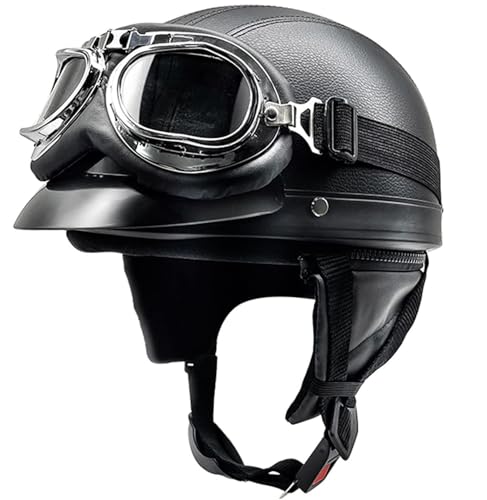 Casques Bols Jet Moto Vintage avec Lunettes Casque de Pilote Rétro Casque Casque Scooter Homme Femme Demi Casque Coupe-Vent Casque pour Moto Vélo Scooter 5,54-62CM