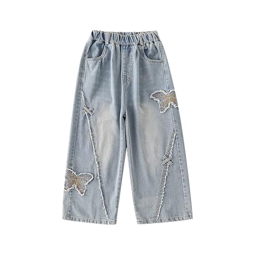 Girls Ripped Jeans Cute Butterflies Elastic Waist Baggy Wide Leg Relaxed Fit Floor Length Denim Pants