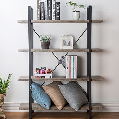 Hsh 4-Shelf Vintage Industrial Bookshelf, Rustic Gray Wood And Metal 4 Tier Bookcase, Open Wide Etagere Book Shelf For Home Office Livingroom Bedroom Dispaly, Light Grey Oak #TOP6
