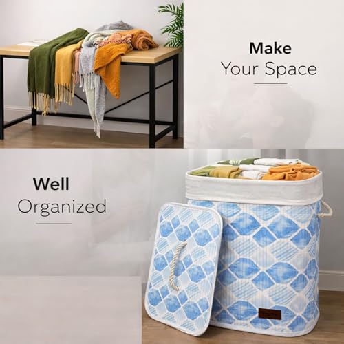 Image of Amazon Brand - Umi Rectangle Bamboo Laundry Basket for Clothes with Lid Geometric Printed Hamper | Eco-Friendly, Foldable & Lightweight Organizer (Blue, 40x30x50 cm, Pack of 1)