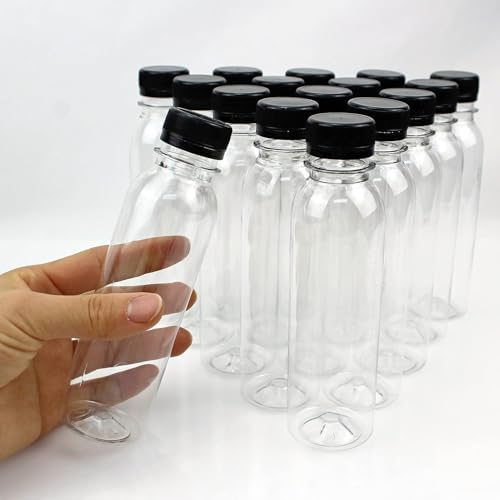 6 Pcs Clear Juice Bottles 150ml (5 oz) Reusable Empty Plastic Bottles with Black Lids for Juice Milk Water Sauce and Other Beverages