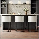 LVHOMLAX Modern Counter Height Bar Stools,Bar Stools Set of 3,PU Leather Upholstered Barrel Barstools with Backs,26'' Kitchen Island Chairs,Metal Black Frames,Pearl White Leather