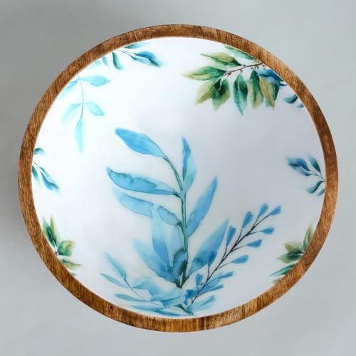 Image of SAAGA Printed Mango Wood Serving Bowl - 10 x 4 Inch Handcrafted Round Wooden Bowl | Food-Grade Finish for Noodles, Soups, Curries & Snacks - White & Aquamarine