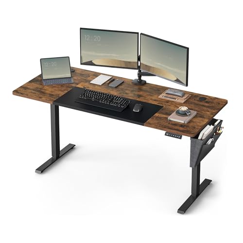 SONGMICS Escritorio Eléctrico, Regulable en Altura, 160 x 70 cm, Regulación Continua, 4 Alturas de Memoria, Puerto USB-C, Marrón Vintage y Negro Mate LSD026X01