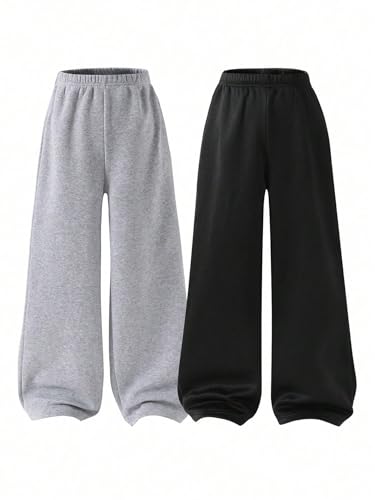 RoseSeek Boys 2 Packs Sweatpants Elastic Waist Wide Leg Pants Casual Athletic Trousers Grey and Black 12Y