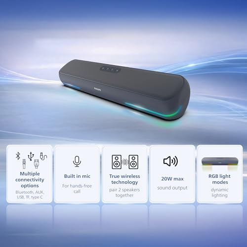 Image of Philips TAB4120BL /94 Wireless Bluetooth Soundbar, 20W, 8H Playtime, Bluetooth 5.1, TWS Mode, RGB Light, LED Indicator, Built-in Mic, Voice Assistant, AUX /USB /TF Card Input, USB-C Charging (Sky Blue)