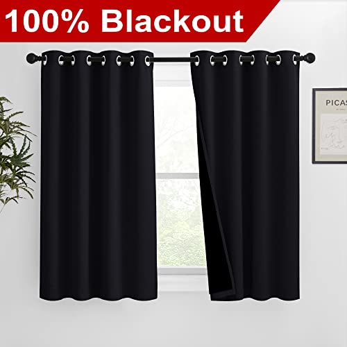 Image of NICETOWN Extra Long Truly Blackout Drapes for Hall and Villa, 46-inch Width Each Panel, 45-inch Length, Black, 2 Pieces, 100% Blackout Window Curtain Panels with Black Lined for Night Shift Worker