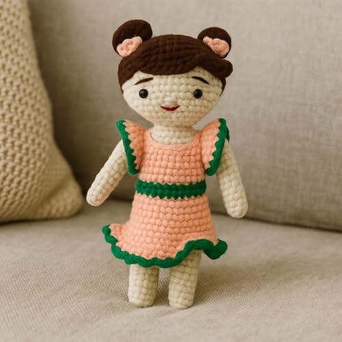 Image of Sutra Handmade Crochet Doll in Peach & Green Dress | Wool Amigurumi Soft Toy | Handmade Gift for Kids, Nursery & Home Decor