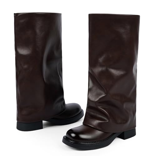Image of Knee High Boots Women Fold Over Boots Chunky Heel Pointed Toe Tall Boots | Fashion Slouchy Boots,Side Zipper Shark Boots,Fall Spring Winter Fashion Dress Tall Boots,Evening Bridal office Long Boots