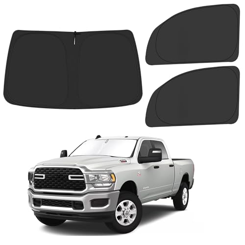 Image of Front Windshield ＆ Side Window Sun Shade for 2010-2025 Dodge RAM 2500 3500 QuadCab CrewCab MegaCab 4Door, Foldable Window Sunshade Sun Visor Protector Sun Shield Block UV Rays Heat, Pack of 3