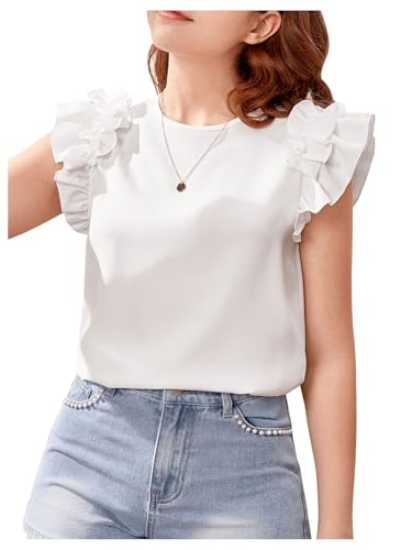 Image of SHENHE Girl's Cute Ruffle Tiered Layer Cap Sleeve Round Neck Blouse Shirt Tops White 10-11Y