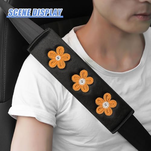 Image of 4PCS Daisy Flower Car Seat Belt Cover Pads, Protect Neck, Orange | Soft Breathable Auto Seat Shoulder Strap Pad, Comfortable Seatbelt Cushion, Vehicle Interior Decoration for Cars, Trucks